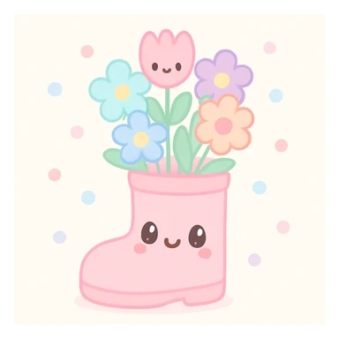 a rain boot filled with blooming spring flowers, kawaii pastel illustration style, soft colors, cute face sticker
