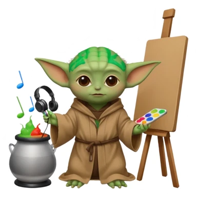 Baby Yoda in his brown robe listening music on his headphones, painting a picture on an easel and surrounded by paint pots. sticker