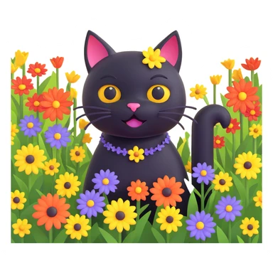 A black cat with a flower on its head in a field of flowers, vibrant colors sticker