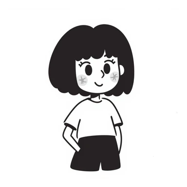 cute girl with blunt bangs, mid-short hair, big eyes, hand-drawn doodle style, extra kawaii features like sparkles and blushing cheeks sticker