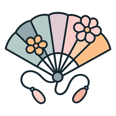 beautiful Chinese fan with elegant curved cords and flowers, thin clean outlines, soft rounded shapes, pastel palette #98B5BC, #B5B3C1, #C9A3C9, #E4C0CA, #F7DCD1, #F7C0AA, modern Japanese pop art and sticker aesthetic, detailed shadows and highlights, soft lighting, transparent background sticker