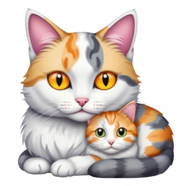 grey and white cat cuddling a colourful light patched calico + white tabby cat sticker