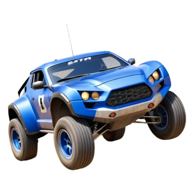 Satan’s (post race) ultra blue wide-body Dirty and dented Local Motors Rally Fighter off road race car hot rod flying turning a tight corner (silver wheels) sticker