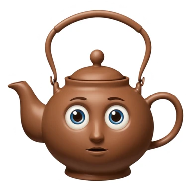 brown teapot, with a concerned expression including big blue eyes. It has human legs on the bottom, and a human hand connected to its handle. sticker