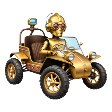 Old American southWest tarnished neon underglow C-3PO bounty hunter 1964 delicately ornate rosegold wood accents painted dune buggy buckboard powered by electric motors and batteries with safety and belts flying rapidly roughening terrain stable on strong agile advanced suspension and steering sticker