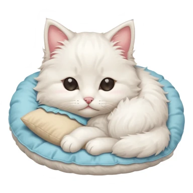 Stitch white fluffy kitten snuggling a pillow, cheeks rosy, eyes closed in > < shape sticker