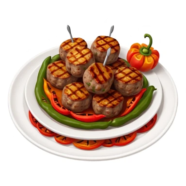 Akçaabat meatballs object icon, grilled Turkish kofte pieces on a plate, smoky char marks, juicy texture, served with grilled peppers and tomatoes, 3D cartoon, mobile game icon style, centered, clean background, no text, no watermark
 sticker