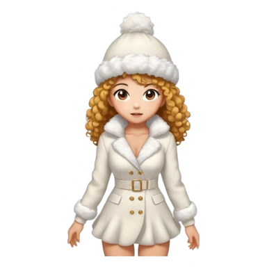sexy and muscled tanned anime like asian girl, golder curly hair, in winter fluffy white dress-suit, in winter fluffy hat, surrounded by winter snow and ice around, full body sticker