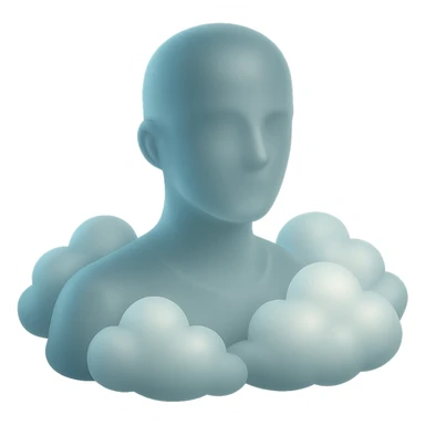 person looking straight ahead, shoulders filled with puffy white clouds, matte glass style sticker