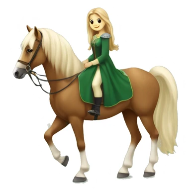 A beautiful majesty Haflinger was riding by a white beautiful girl with brown hair and a forest green princess dress sticker