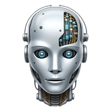 An icon featuring a humanoid robot head, neural network connections, and binary code, symbolizing artificial intelligence. The design includes a brain with circuits and machine learning algorithms, representing the study and development of intelligent systems. Transparent background  sticker