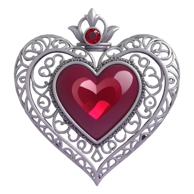 3D emoji gothic heart, black velvet texture, ornate silver filigree, deep red gemstone center, dramatic and elegant sticker