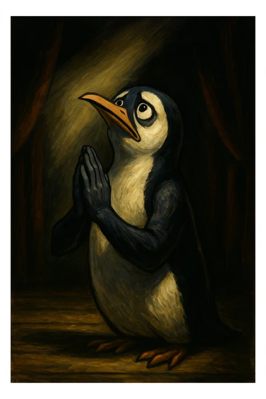 a stylized penguin, hands together in prayer, dramatic pose, eyes looking up, emotional and expressive, theatrical lighting, stage-like background sticker