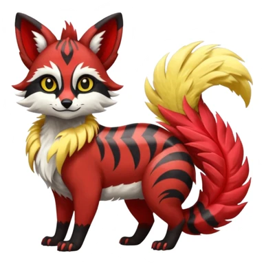 Futuristic sanguine-red banana-yellow black chevron-marked furry fluffy floofy feathery tribal marked Genet-Absol-Kyurem-Zeraora-Primagen-fusion-creature  sticker