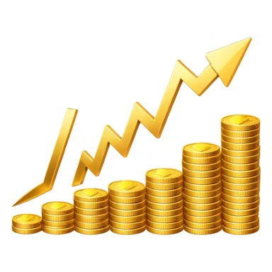 upward arrow next to gradually increasing stacks of gold coins, showing progression sticker