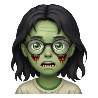 Faça um adolescente zombie com cara de assutado com cortes no rosto, com óculos é cabelos grandes ondulado preto sticker