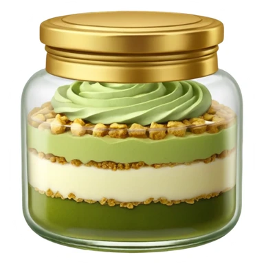 A small round glass jar with a gold lid, filled with layered dessert: creamy white base, green matcha layer in the middle, and a crunchy topping on top.

 sticker