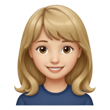 A girl with wavy, dark blonde hair, straight bangs, and straight eyes. She is smiling. sticker