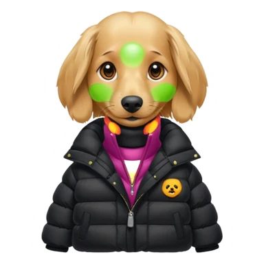 Long hair blonde Daschund dog in huge black puffer  sticker