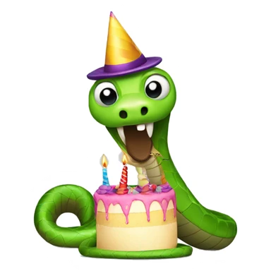 Snake with a party hat and holding a cake and he has a mustache sticker