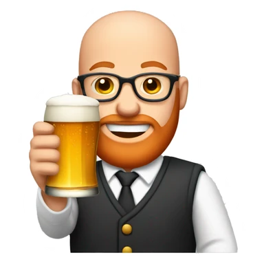 Bald young man with red beard and glasses raising a beer sticker
