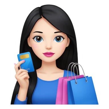 Girl with long black hair and crown, pink lipstick, brown eyes holding shopping bags and blue credit card sticker