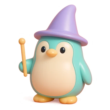A penguin wizard with a tall pointed wizard hat, holding a magic wand. The penguin has a round plush body, friendly eyes, and a soft texture. sticker