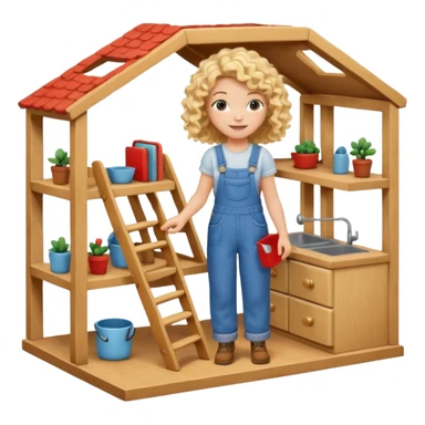 smiling blonde curly girl arranging furniture in doll house with overalls sticker
