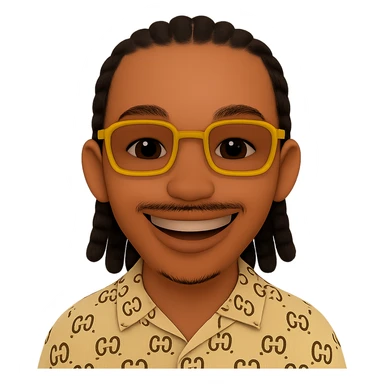 Make the face smile with a thin face shape, beard only on the chin, mustache above the upper lip, no hair under the lower lip, yellow glasses, braided hair, beige patterned shirt. Keep the emoji style look. Transparent background. sticker