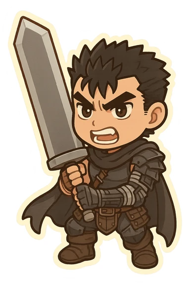 Berserk Guts stylized as a chibi character, oversized sword, fierce look, cute proportions sticker