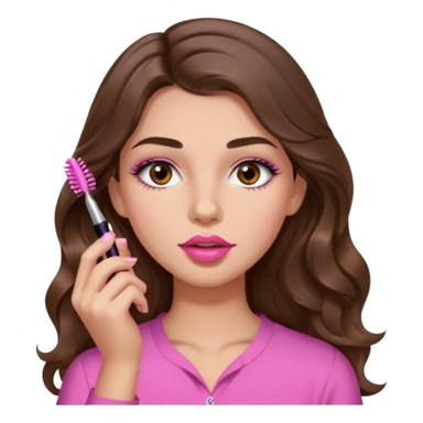girl with long wavy brown hair, brown eyes, light to medium complexion, in a pink shirt, pink lips, long lashes, puckered lips, putting on mascara sticker