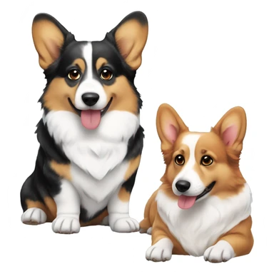 Three corgis sitting together with no tails. One is a red headed tri, one is a black headed tri, and one is a blue Merle with blue eyes sticker