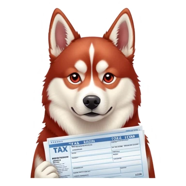 Red Siberian husky preparing taxes sticker