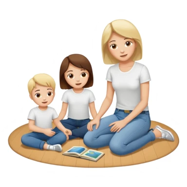 create a flat illustration of a children's room where the mother is sitting on the floor and two children are playing nearby sticker