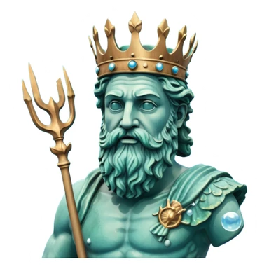 Bust of Poseidon underwater, Greek god with beard and crown, sea god statue with trident, bubbles around, blue water background sticker