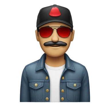 a white male with black hair, wearing red with a moustache and a trucker hat and sunglasses  sticker