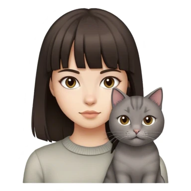 Dark Brown hair girl with fringe and a grey cat sticker
