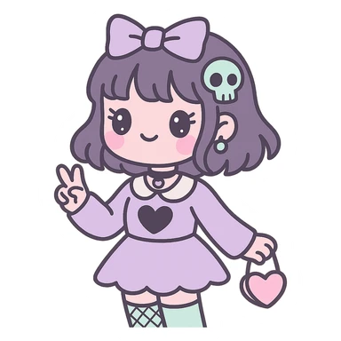 gothic K-pop girl in dreamy pastel goth style, soft colors, gothic details, whimsical pose, cute accessories sticker