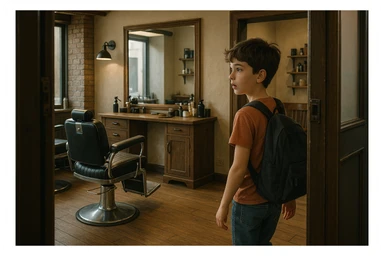 Sartaroshxonaga kirib kelayotgan bola sartaroshxona unchalik eski emas ammo yangi ham emsa sticker