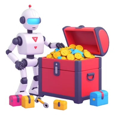 an AI robot opening a treasure chest, releasing colorful ideas and tools, representing AI unlocking human potential for strategic thinking sticker
