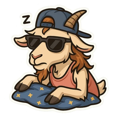 goat for Telegram stickers inspired by reference https://attic.sh/feoducyurkpqwz0la088soao98sx: wearing a cap, glasses, mullet hairstyle, pink drunkard tank top. спит на голубых тряпках с узором звездочка sticker
