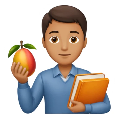 man holding book and mango sticker