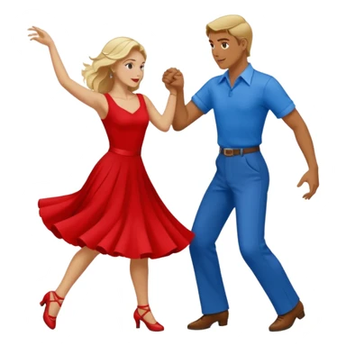 Two people. Man  wearing all red  with brown hair. Women iall blue with blond hair. Swing Dancing.  sticker