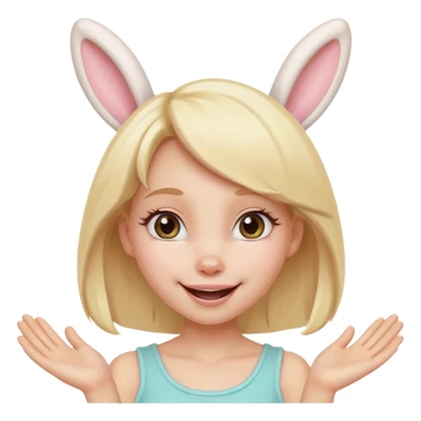 A playful blonde female cartoon character with wide, mischievous eyes, smiling, bunny ears accessory, dynamic pose suggesting movement, pastel colors, minimalistic and cute emoji style. sticker