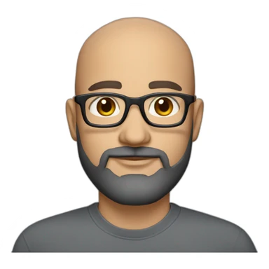 marketing strategist, 40 years old,with brown eyes, light caukassian skin,short black grey beard, bald, wearing bold glasses, and shirt sticker