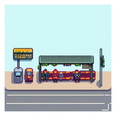 pixel art city bus stop with passengers waiting, bus arriving sticker