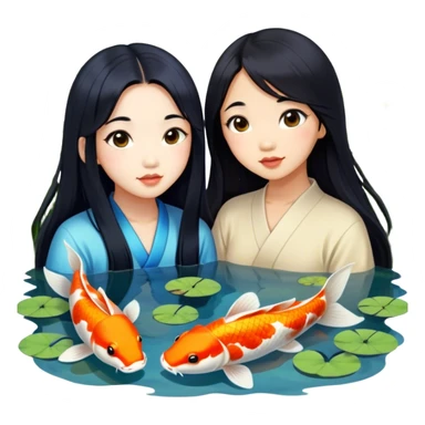 two asian girls long hair koi pond sticker