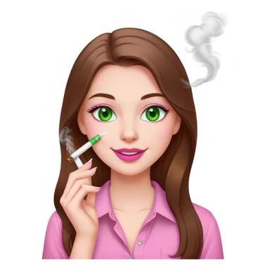 white skinned girl with green eyes and long brown hair smoking a white joint smiling in a pink shirt with pink lips sticker