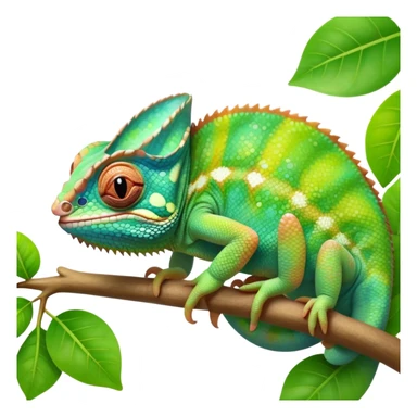 cinematic cute-smiling baby chameleon-realistic emoji,-blending-with-vibrant-greenery.-detailed-scales-in-shifting-colors,-showing-the-chameleon’s-ability-to-camouflage.-soft-natural-light-highlights-its-texture.-light-background, zoomed into its face sticker