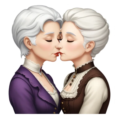 lesbian kiss between an older victorian woman with white hair and a younger brunette woman sticker